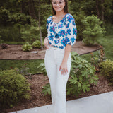 Teal Floral Bubble Crepe Top