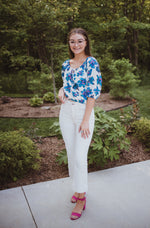 Teal Floral Bubble Crepe Top