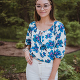 Teal Floral Bubble Crepe Top