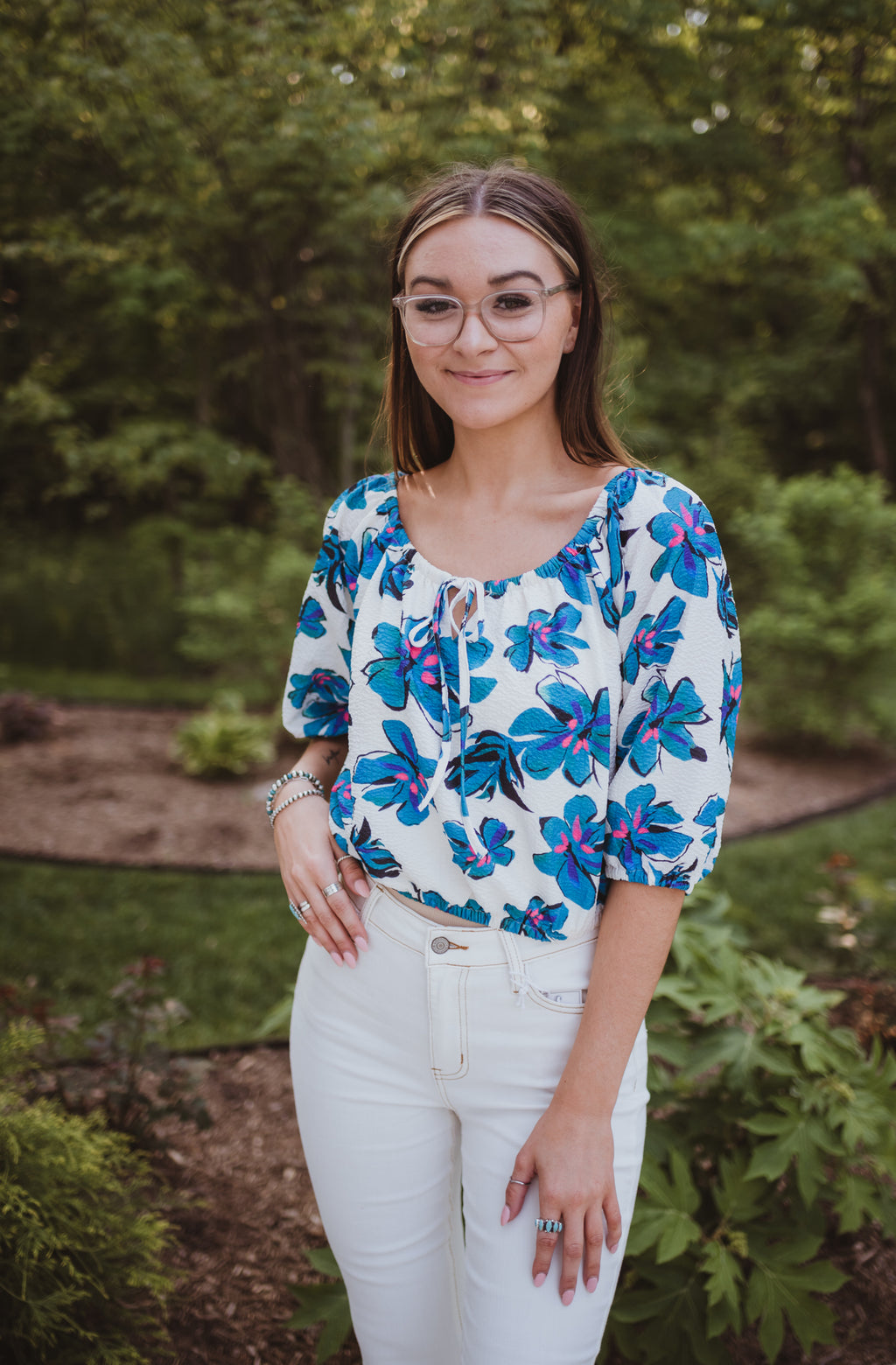 Teal Floral Bubble Crepe Top