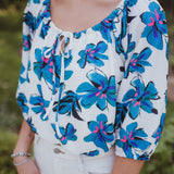 Teal Floral Bubble Crepe Top