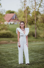 White Luxe Jumpsuit with Zipper Back + Puff Sleeve