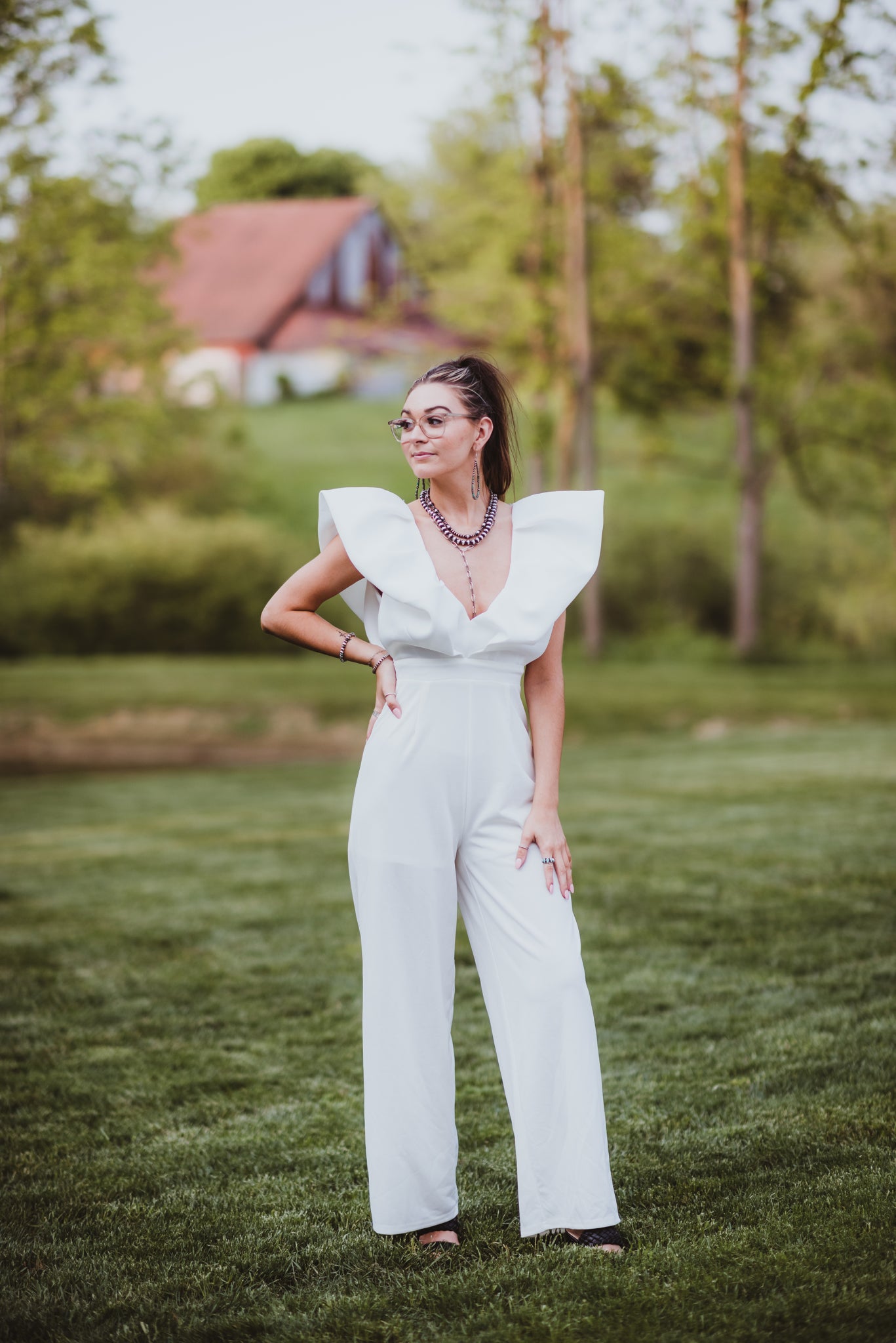 White Luxe Jumpsuit with Zipper Back + Puff Sleeve – The Red