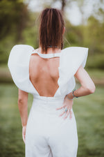 White Luxe Jumpsuit with Zipper Back + Puff Sleeve