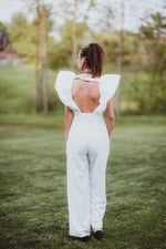 White Luxe Jumpsuit with Zipper Back + Puff Sleeve