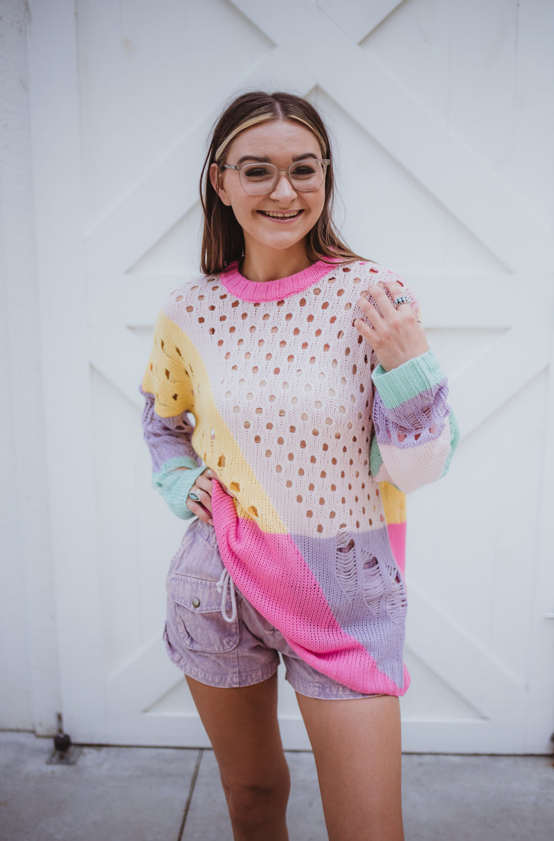 Pastel Distressed Colorblock Pullover