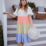 Tiered V Neck Midi Colorblock Dress