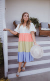Tiered V Neck Midi Colorblock Dress