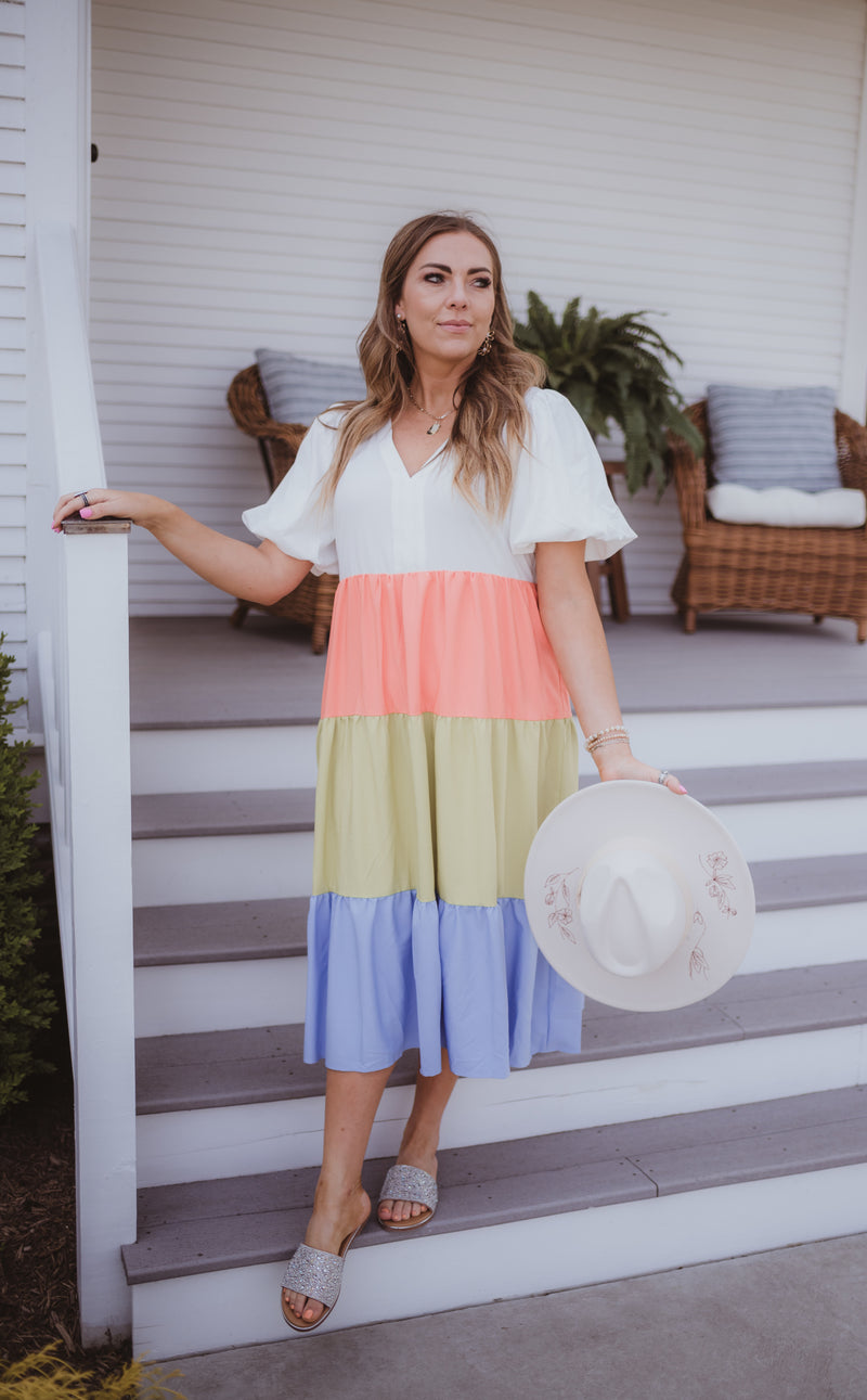 Tiered V Neck Midi Colorblock Dress
