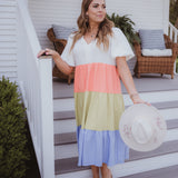 Tiered V Neck Midi Colorblock Dress