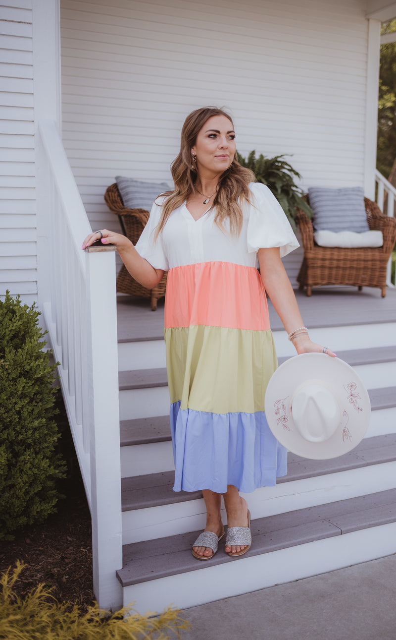 Tiered V Neck Midi Colorblock Dress