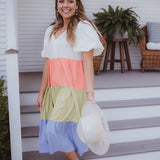 Tiered V Neck Midi Colorblock Dress