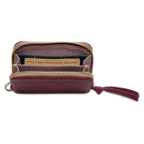 Plum pebble leather Consuela wallet with card slots inside and out, zip closure, D-ring, accordion-style design and three exterior card slots
