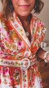 Orange Floral Lapel Collar Dress with Belt