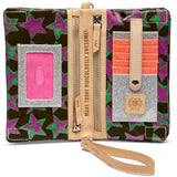 Magenta and green starry ConsuelaCloth™ Consuela wallet with three zippered compartments, six card slots, an ID window, with double magnetic closure a woven crossbody strap or the included detachable wristlet 