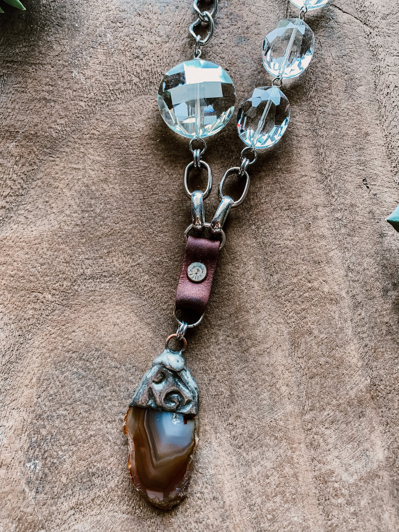 Metal Necklace with Crystal Chain Accent & Agate Stone