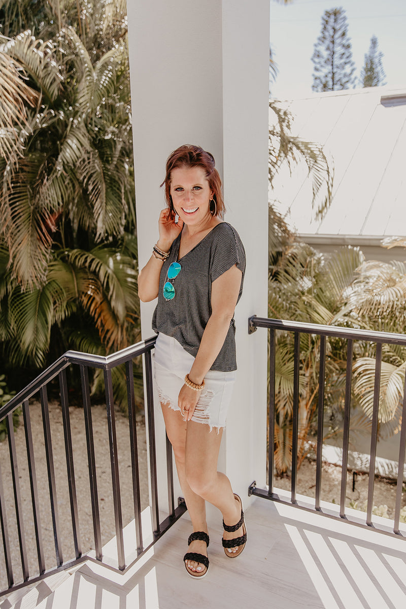 Black + Ivory Tiny Stripe V Neck Tee