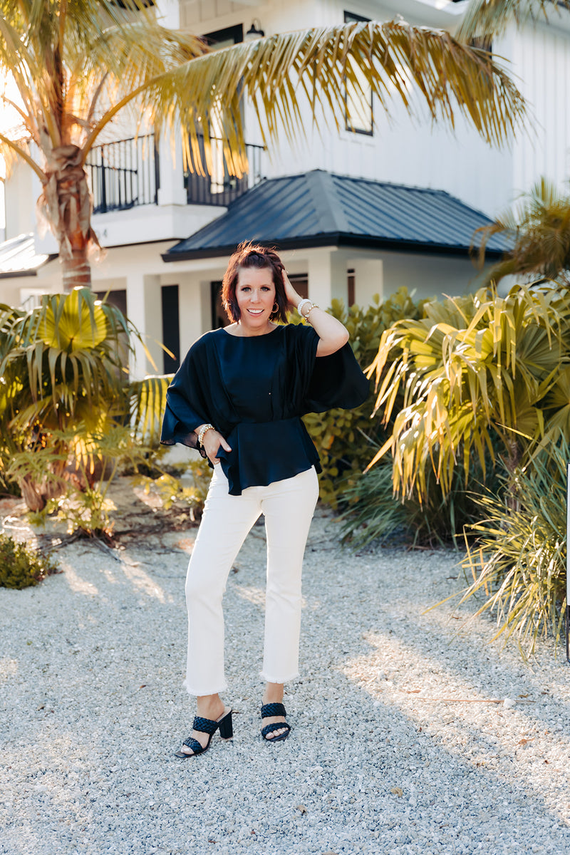 Black Satin Peplum Hem S/S Blouse