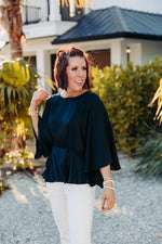 Black Satin Peplum Hem S/S Blouse
