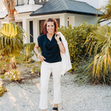 Black Short Sleeve Blouse with Draped Neckline