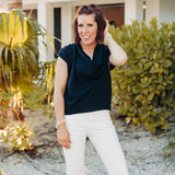 Black Short Sleeve Blouse with Draped Neckline