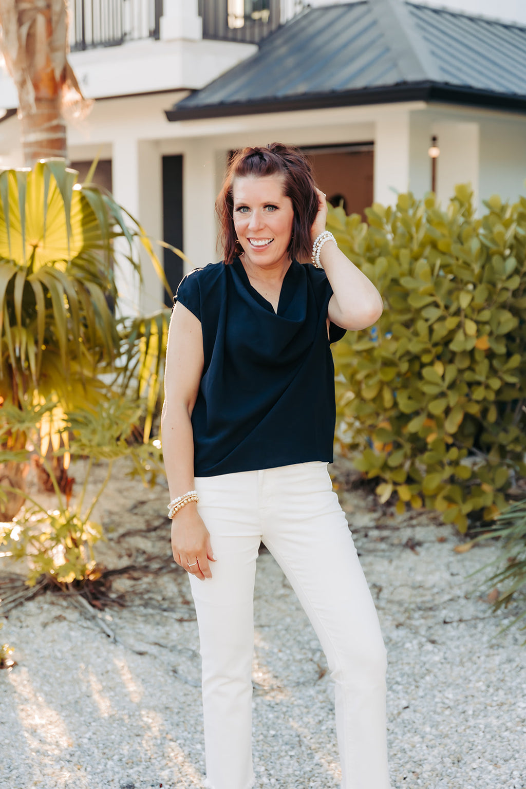 Black Short Sleeve Blouse with Draped Neckline