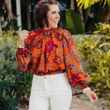 Rust Floral Printed Blouse with Slit Back