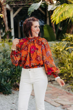 Rust Floral Printed Blouse with Slit Back