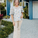 Blue Multi 3D Floral Jacquard Blouse