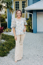 Blue Multi 3D Floral Jacquard Blouse
