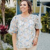 Blue Multi 3D Floral Jacquard Blouse