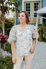 Blue Multi 3D Floral Jacquard Blouse