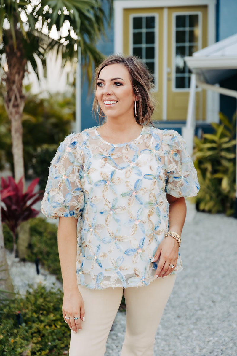Blue Multi 3D Floral Jacquard Blouse