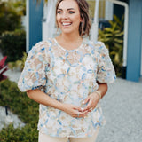 Blue Multi 3D Floral Jacquard Blouse