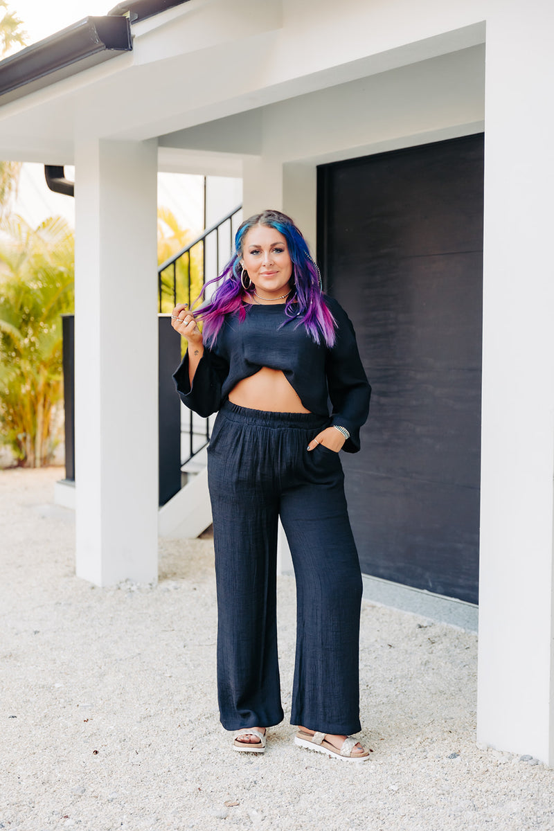 Black Woven Mom Crop Shirt