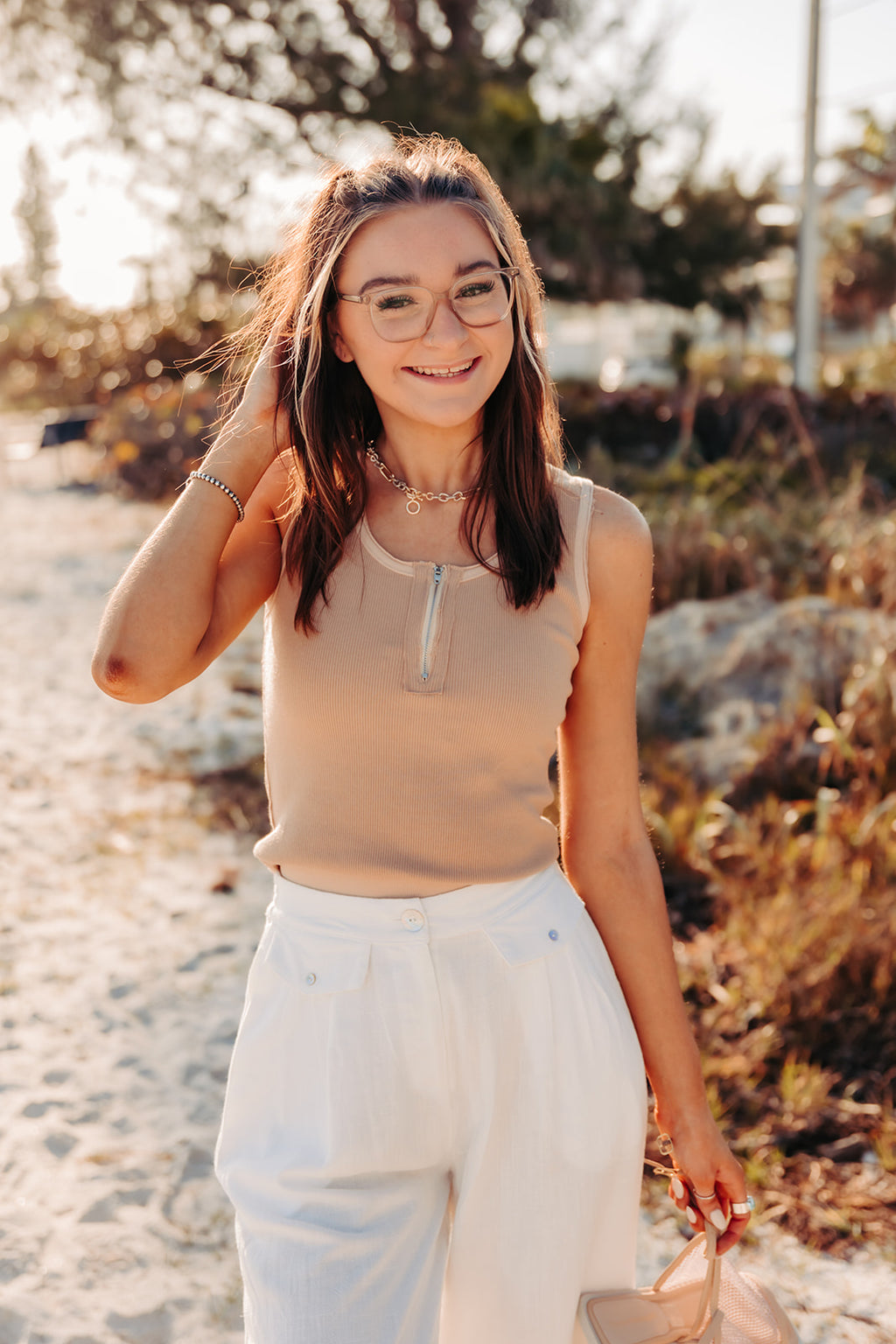 Mushroom Rib Texture Zipper Bodysuit Tank