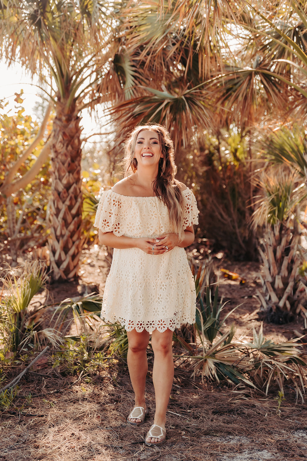 Cream Crochet Off The Shoulder Dress Ruffled Hemline