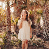 Cream Crochet Off The Shoulder Dress Ruffled Hemline