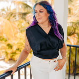 Black Satin Crop Surplice Top