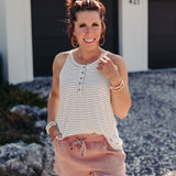 STRIPE RIB KNIT BUTTON DETAIL HALTER TANK