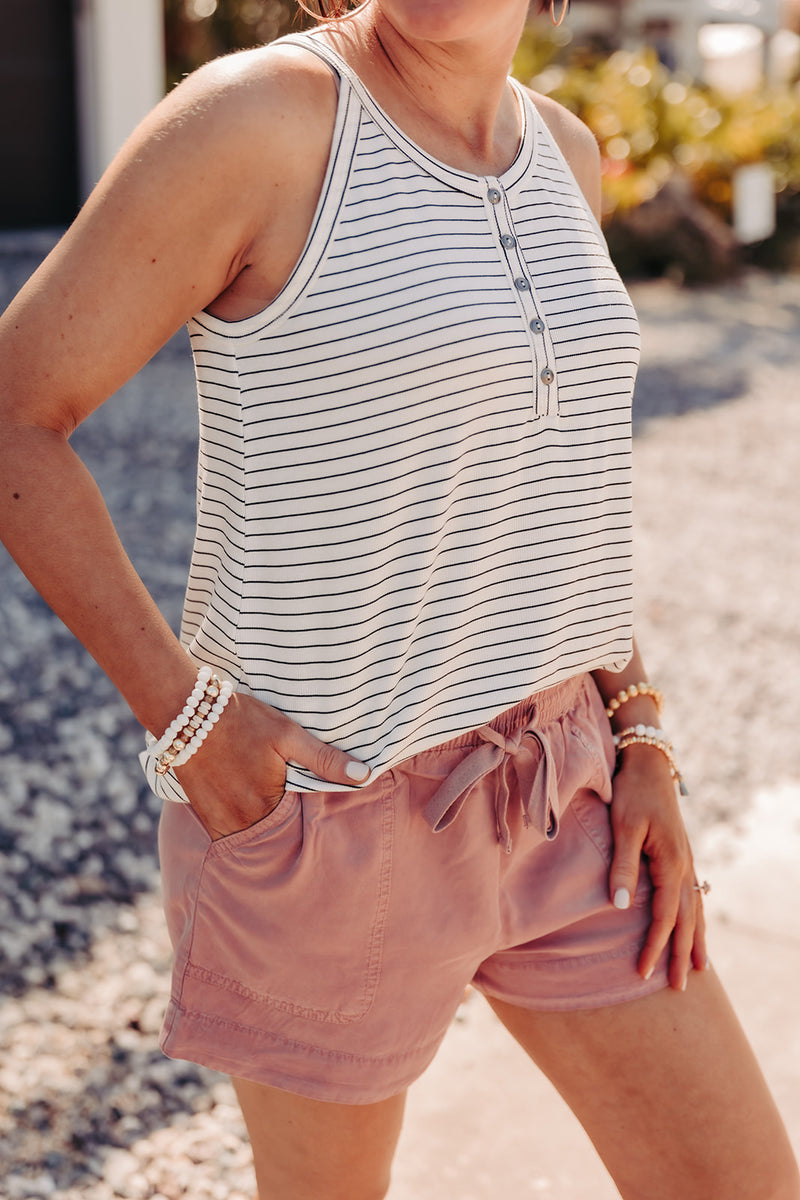 STRIPE RIB KNIT BUTTON DETAIL HALTER TANK