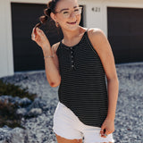STRIPE RIB KNIT BUTTON DETAIL HALTER TANK