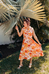 Peach Floral Collared Dress with Tie Belt