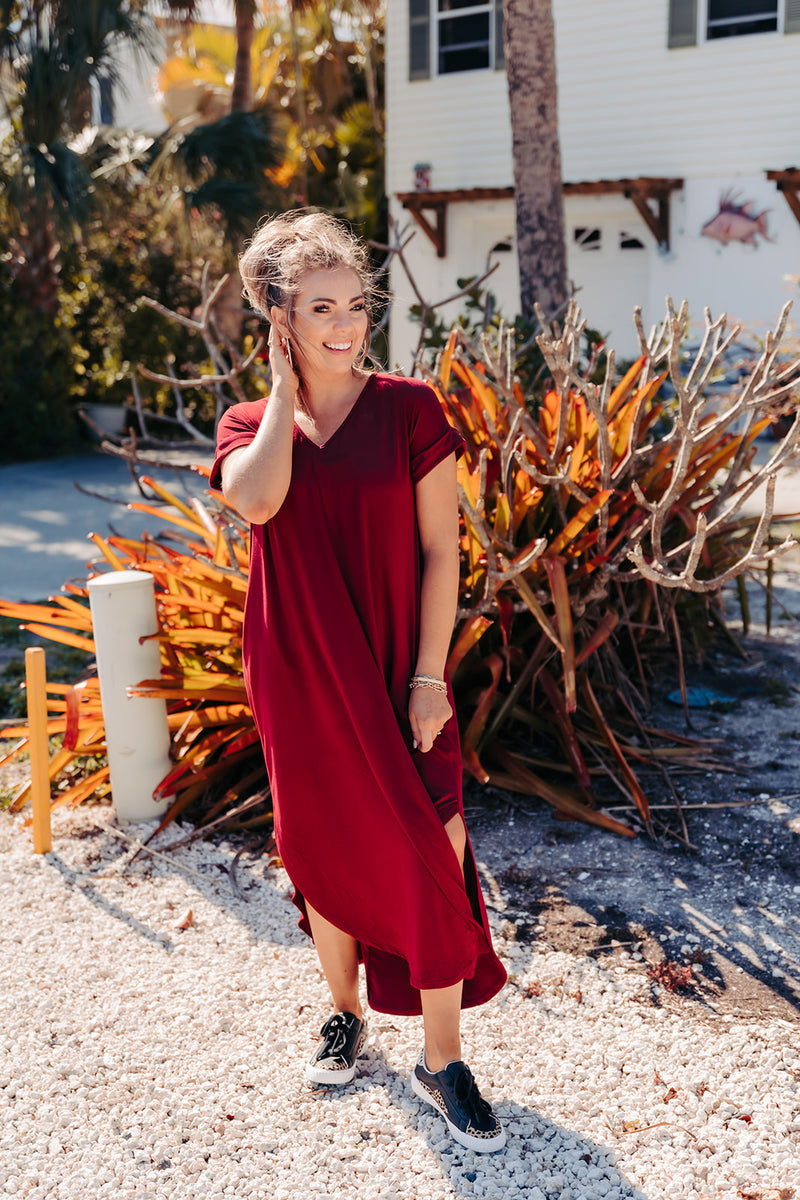 Cuffed Sleeve V Neck Burgundy Knit Maxi Dress