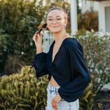 Black Satin Twist Front L/S Top