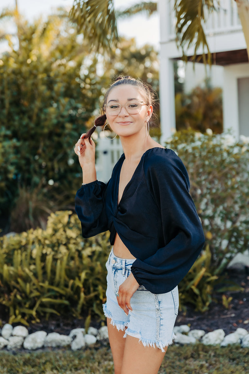 Black Satin Twist Front L/S Top