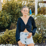 Black Satin Twist Front L/S Top