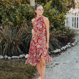 Burgundy Lurex Print Halter High Low Dress