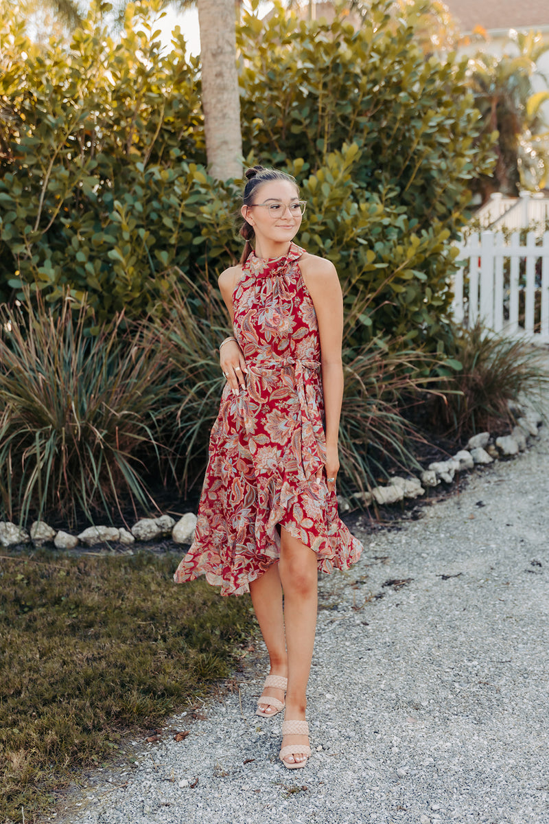 Burgundy Lurex Print Halter High Low Dress