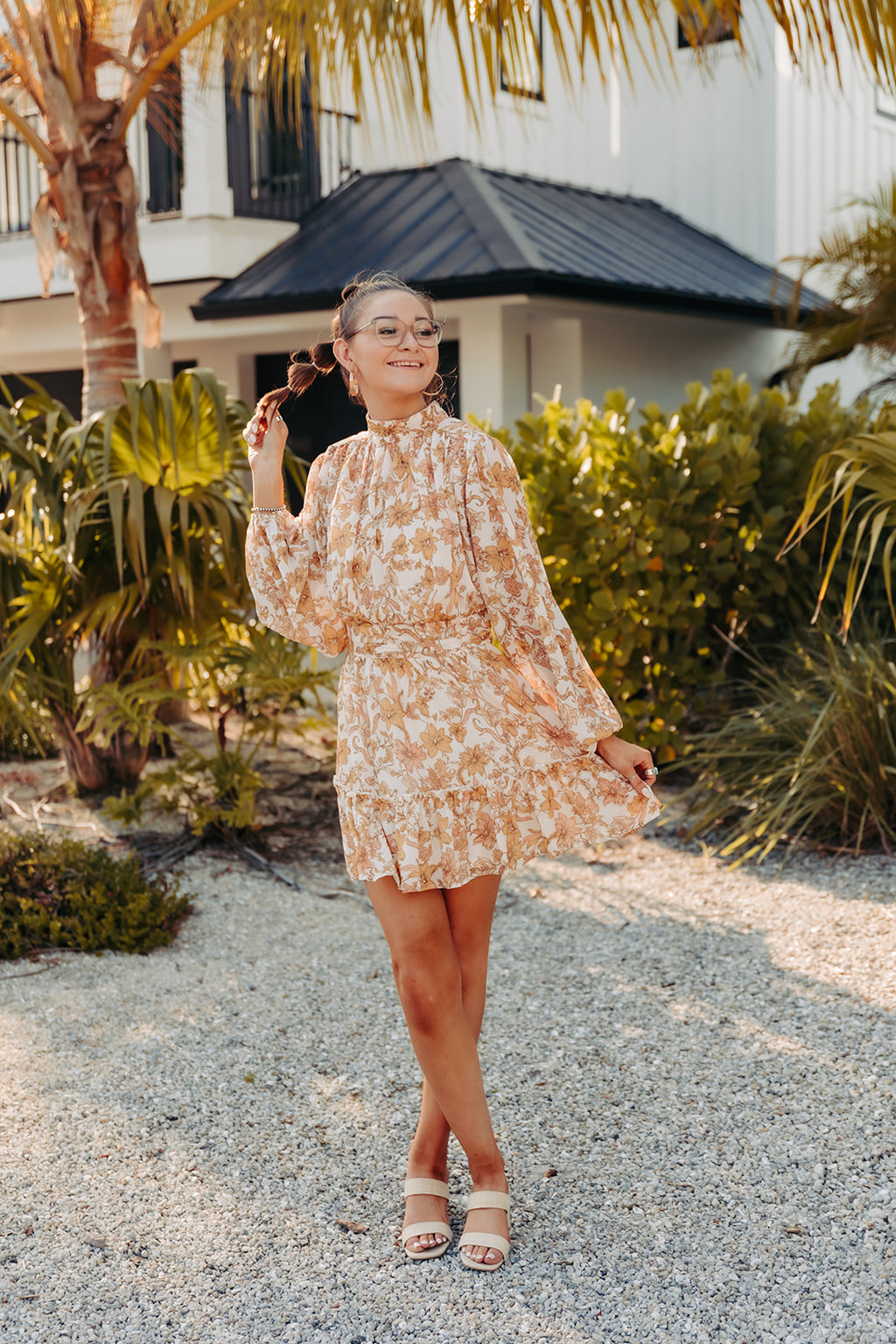 Ivory + Mustard Floral Ruched Waistband Dress